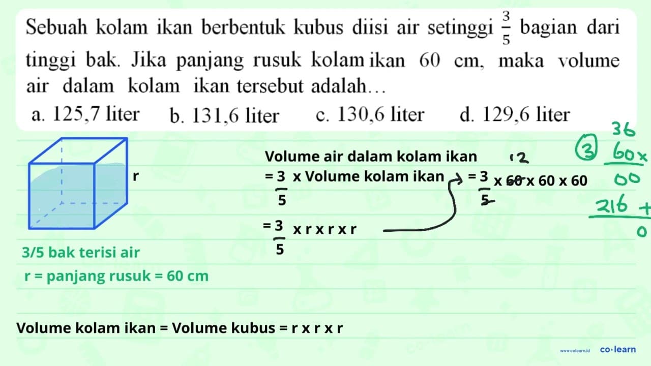 Sebuah kolam ikan berbentuk kubus diisi air setinggi