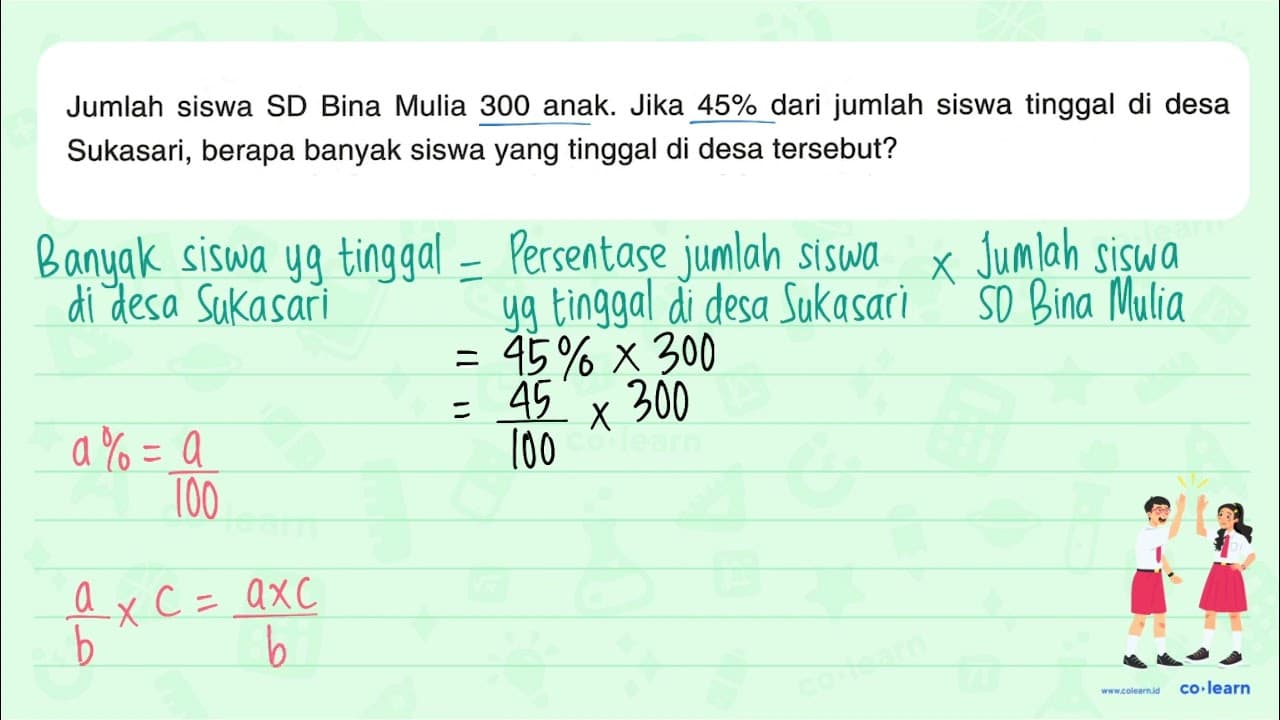 Jumlah siswa SD Bina Mulia 300 anak. Jika 45 % dari jumlah