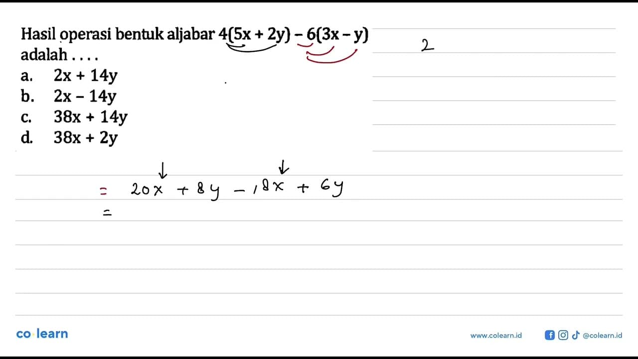 Hasil operasi bentuk aljabar 4(5x + 2y) - 6(3x - y)