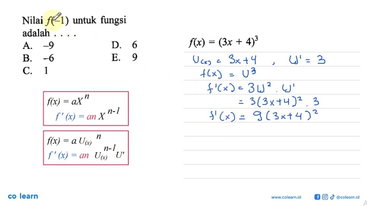 Nilai f(-1) untuk fungsi f(x)=(3x+4)^3 adalah ....