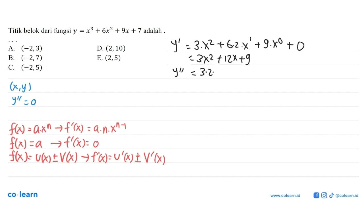 Titik belok dari fungsi y=x^3+6x^2+9x+7 adalah ....