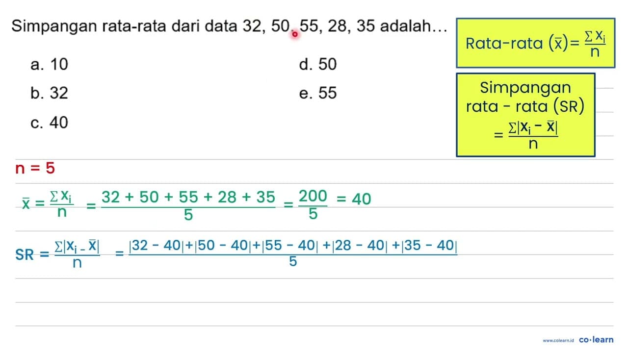 Simpangan rata-rata dari data 32,50,55,28,35 adalah...