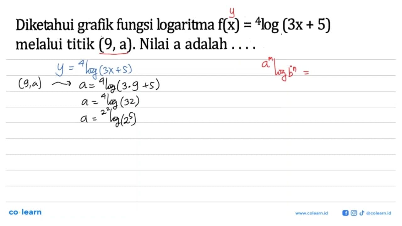 Diketahui grafik fungsi logaritma f(x)=4log(3x+5) melalui