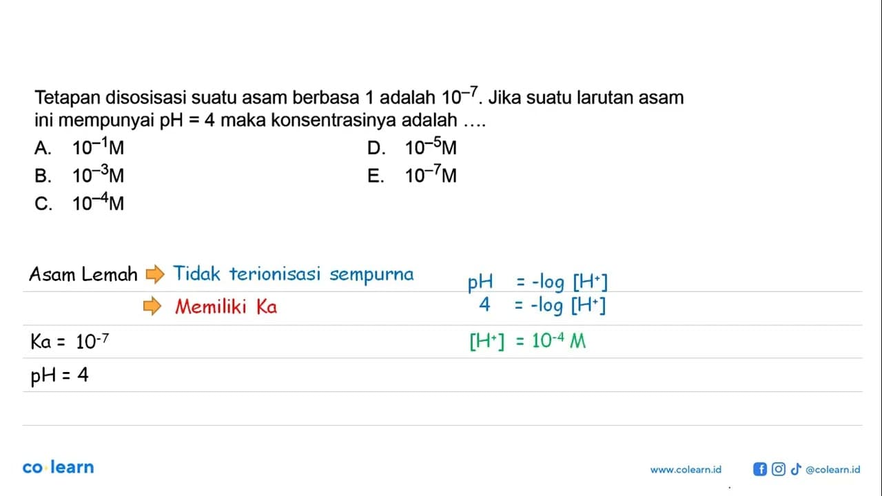 Tetapan disosisasi suatu asam berbasa 1 adalah 10^-7. Jika