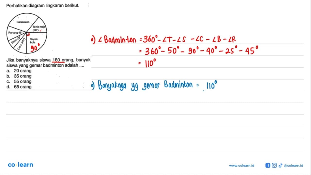 Perhatikan diagram lingkaran berikut.Tenis meja 50Catur