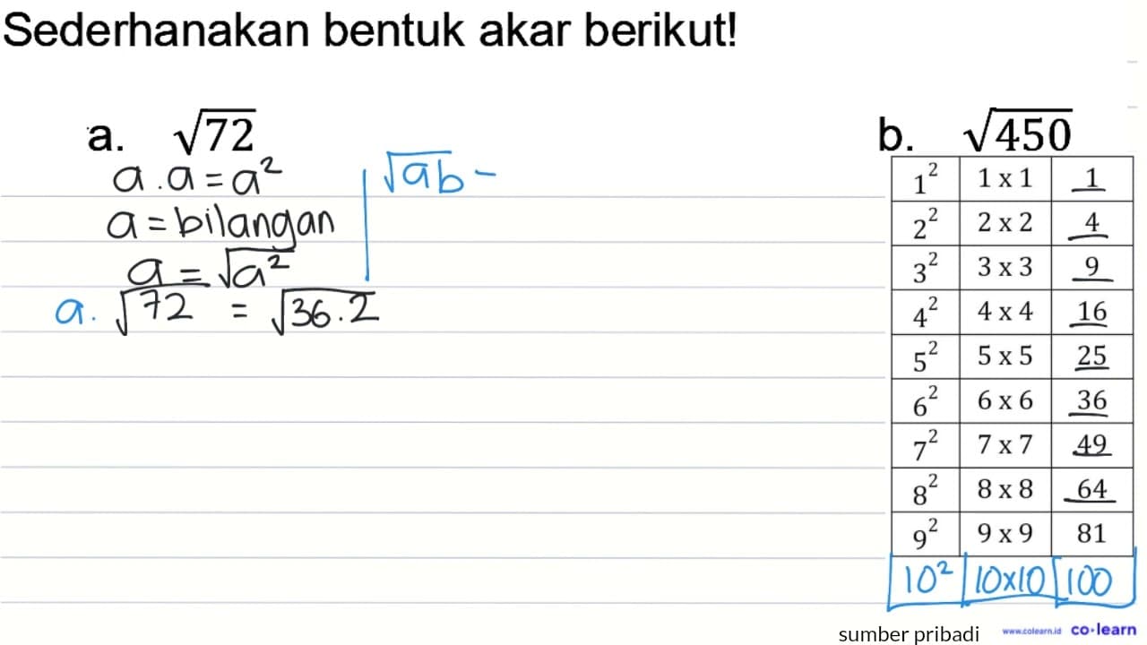 Sederhanakan bentuk akar berikut! a. akar(72) b. akar(450)