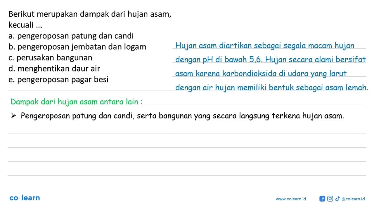 Berikut merupakan dampak dari hujan asam, kecuali ... a.