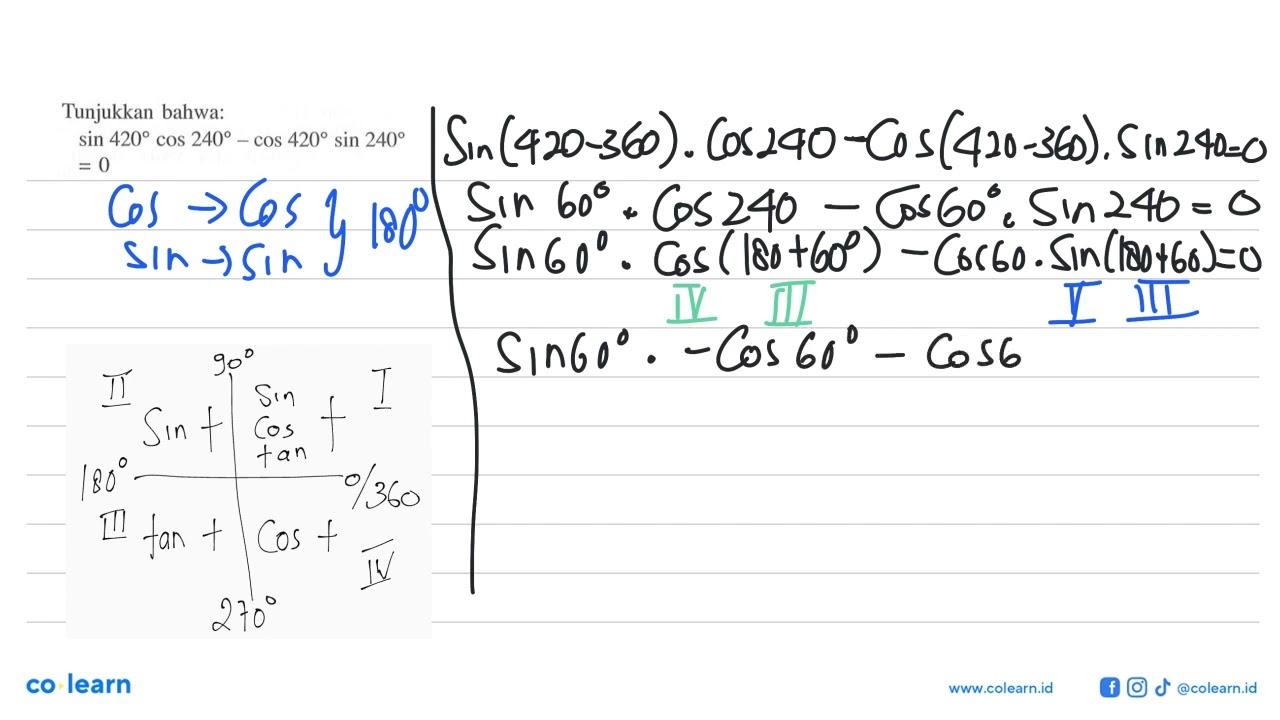 Tunjukkan bahwa:sin 420 cos 240 - cos 420 sin 240 =0