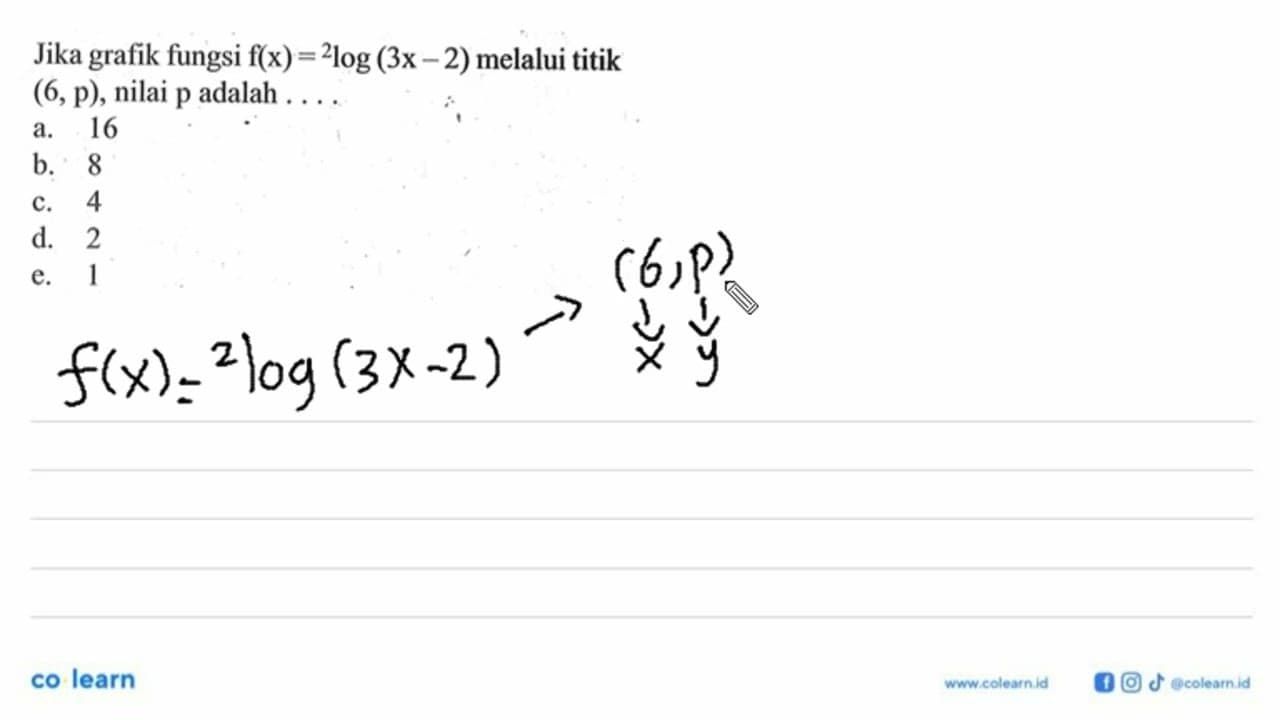 Jika grafik fungsi f(x)=2log(3x-2) melalui titik (6, p),