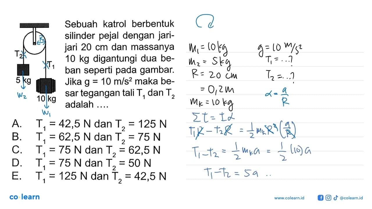 Sebuah katrol berbentuk silinder pejal dengan jari-jari 20