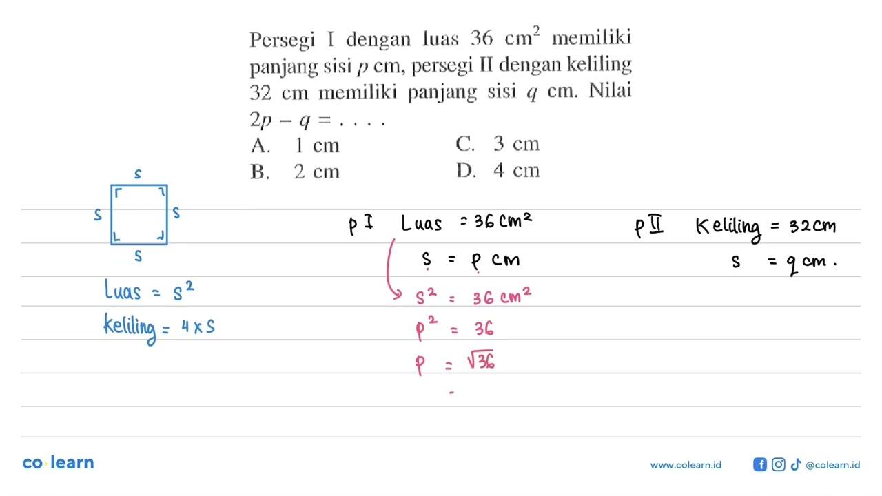 Persegi I dengan luas 36 cm^2 memiliki panjang sisi p cm ,