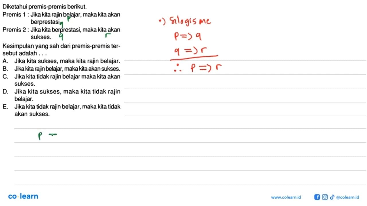 Diketahui premis-premis berikut. Premis 1: Jika kita rajin