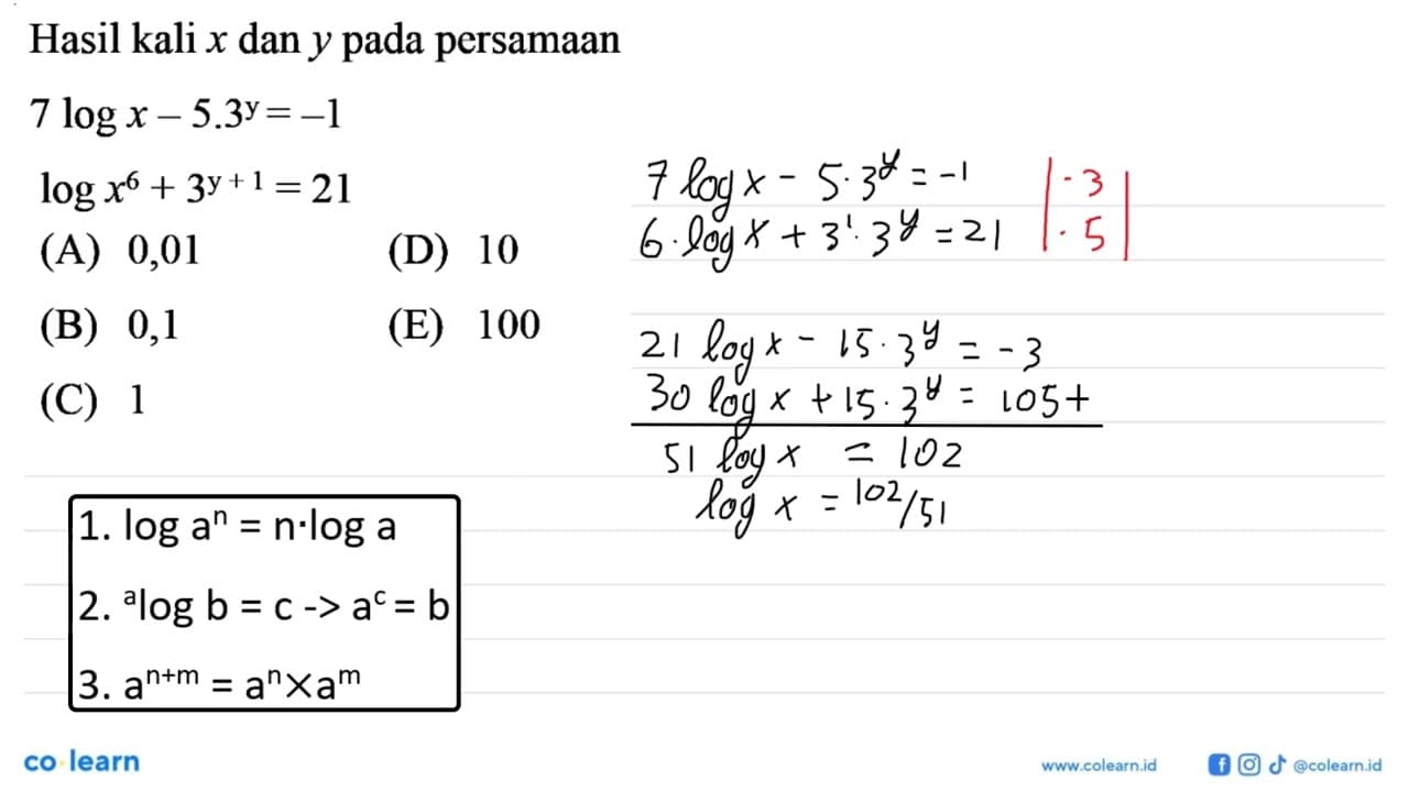 Hasil kali x dan y pada persamaan 7 log x-5.3^y=-1 log