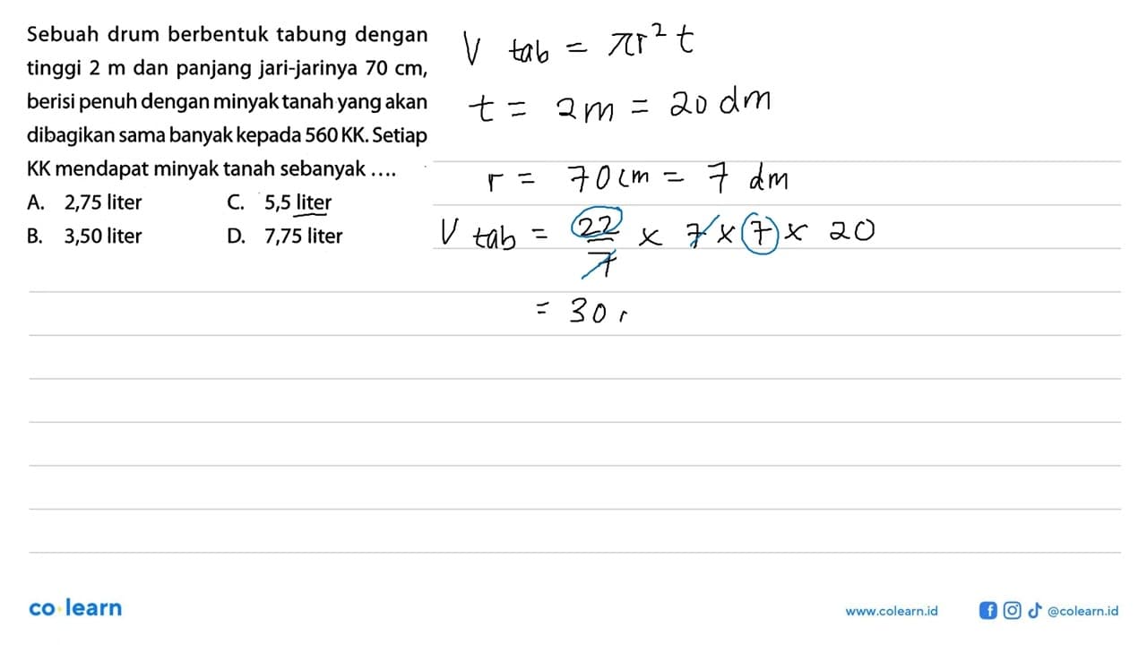 Sebuah drum berbentuk tabung dengan tinggi 2 m dan panjang