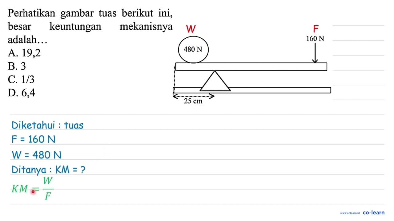 Perhatikan gambar tuas berikut ini, besar keuntungan