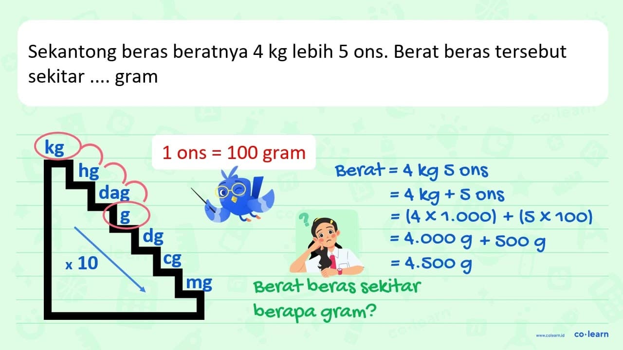 Sekantong beras beratnya 4 kg lebih 5 ons. Berat beras