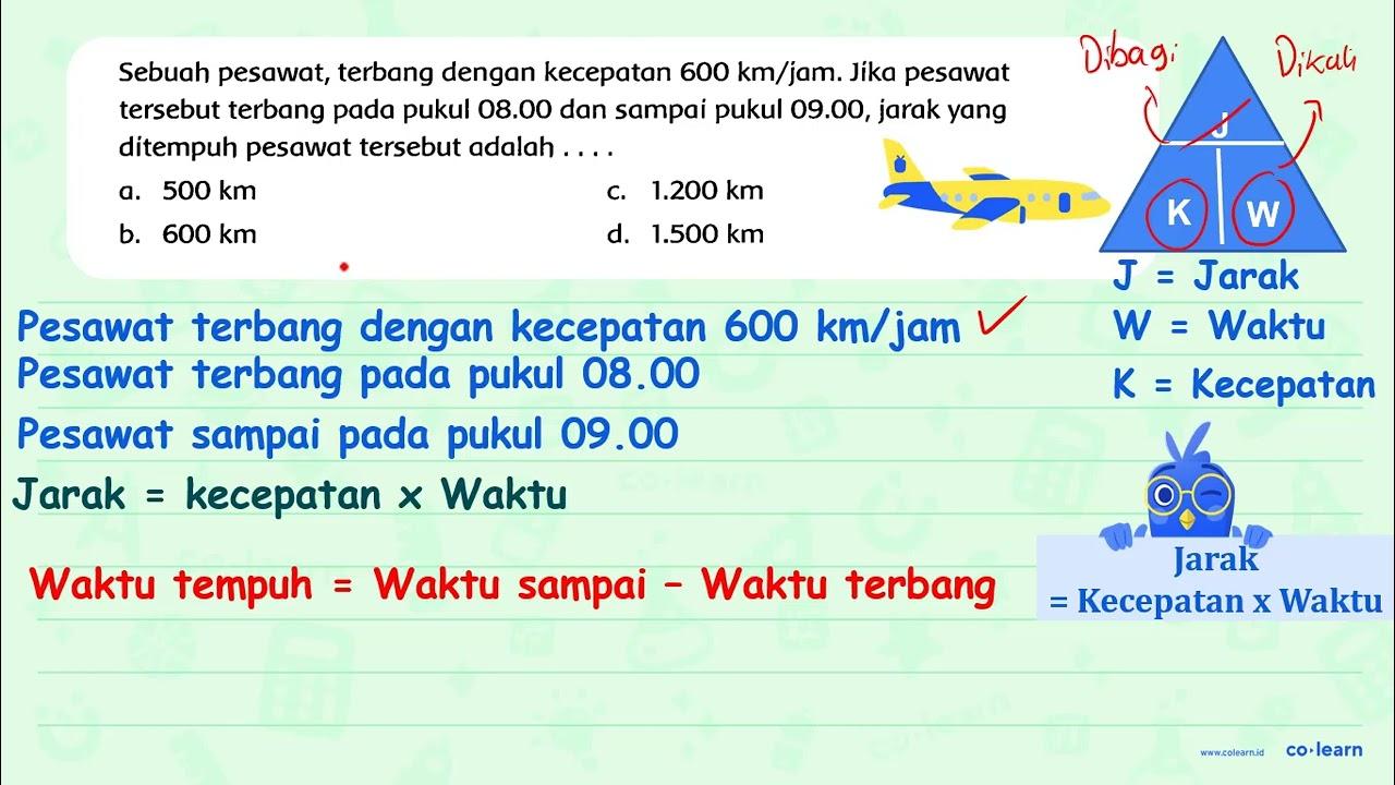 Sebuah pesawat, terbang dengan kecepatan 600 km / jam .