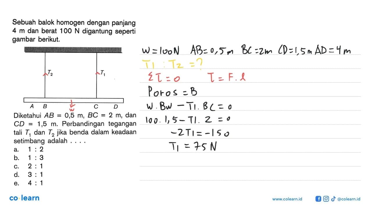 Sebuah balok dengan panjang 4 m dan berat 100 N digantung