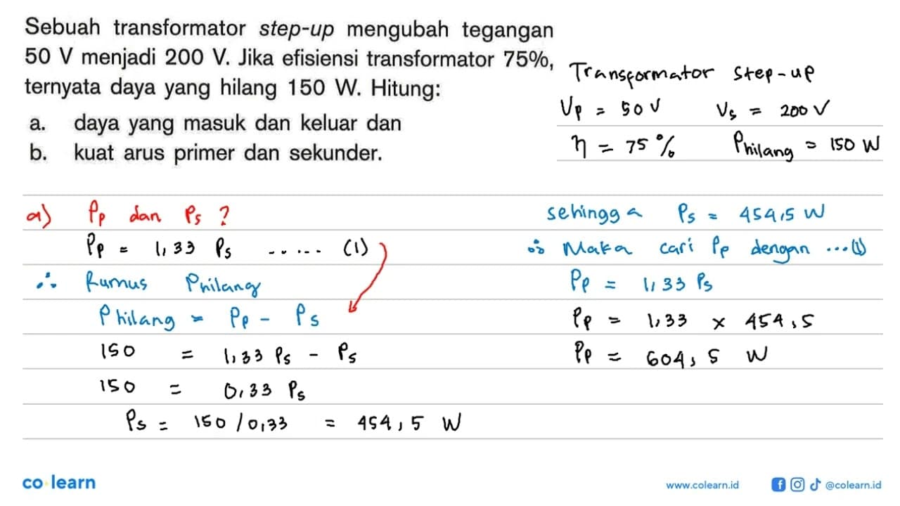 Sebuah transformator step-up mengubah tegangan 50 V menjadi