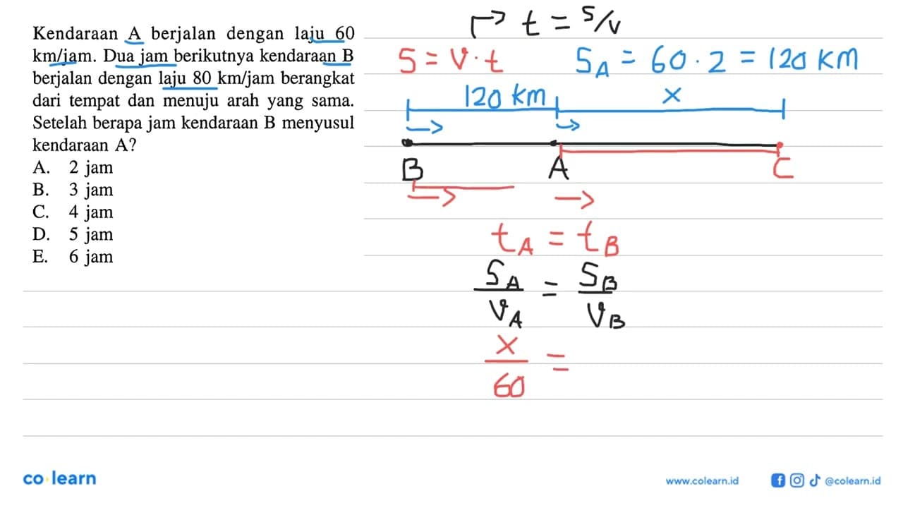 Kendaraan A berjalan dengan laju 60 km/jam. Dua jam