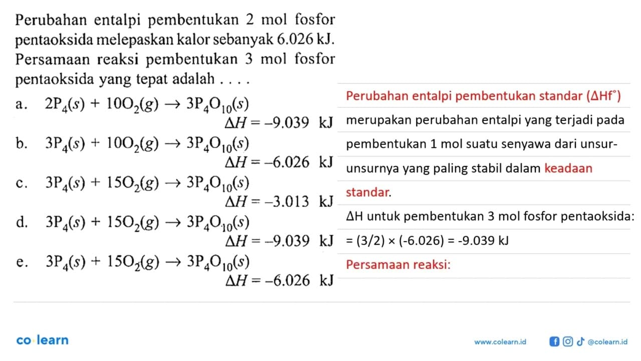 Perubahan entalpi pembentukan 2 mol fosfor pentaoksida