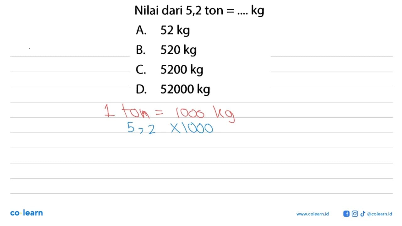 Nilai dari 5,2 ton = .... kg