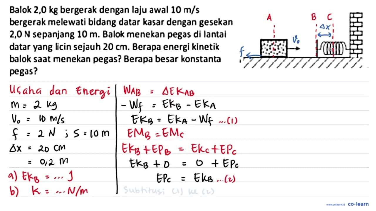 Balok 2,0 kg bergerak dengan laju awal 10 m / s bergerak