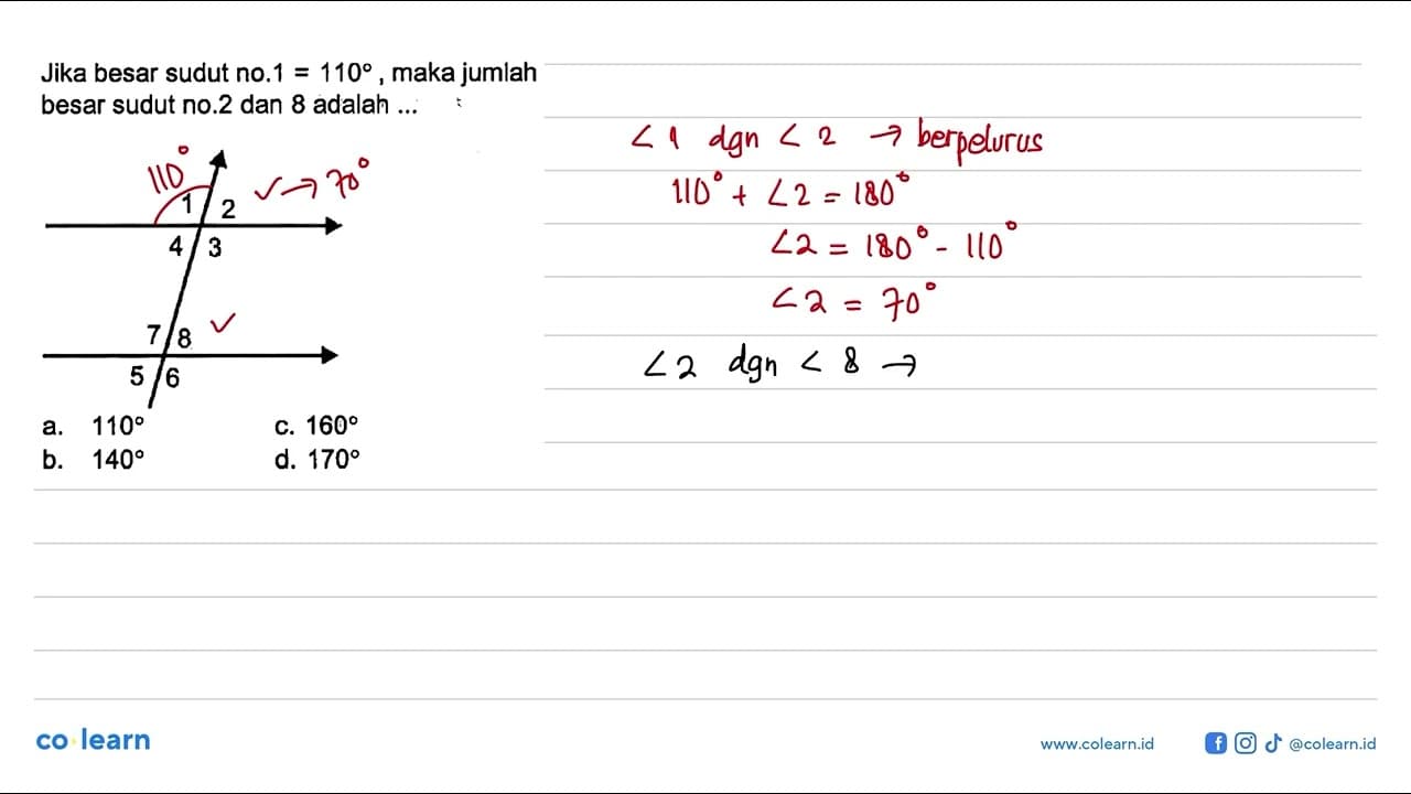 Jika besar sudut no.1 =110 , maka jumlah besar sudut no.2