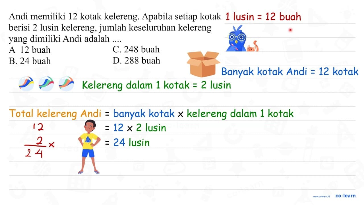 Andi memiliki 12 kotak kelereng. Apabila setiap kotak