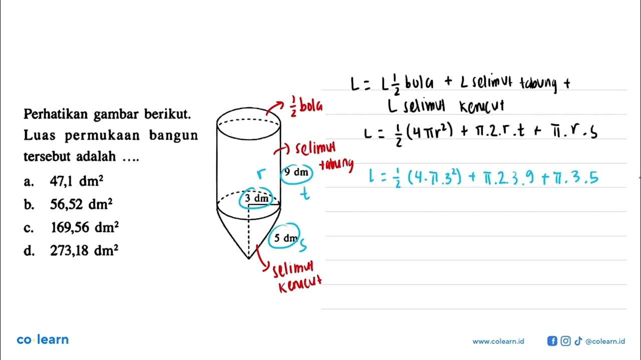 Perhatikan gambar berikut. 3 dm 9 dm 5 dm Luas permukaan
