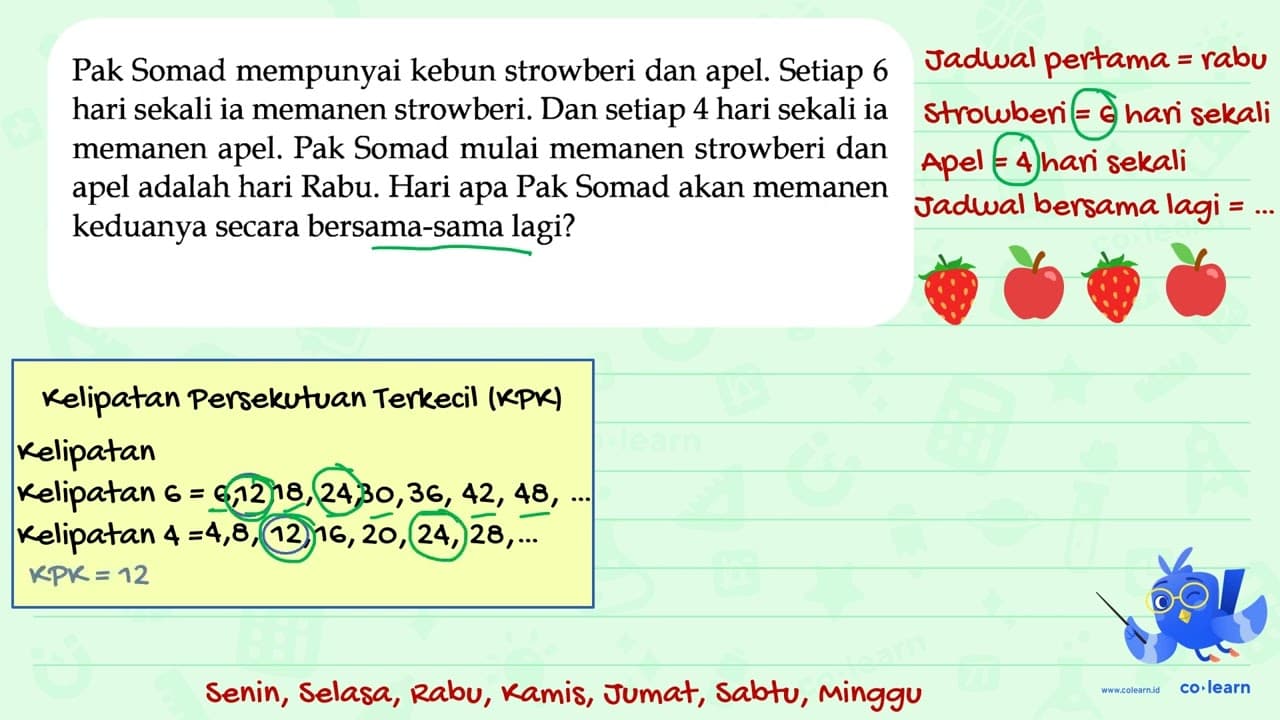 Pak Somad mempunyai kebun strowberi dan apel. Setiap 6 hari