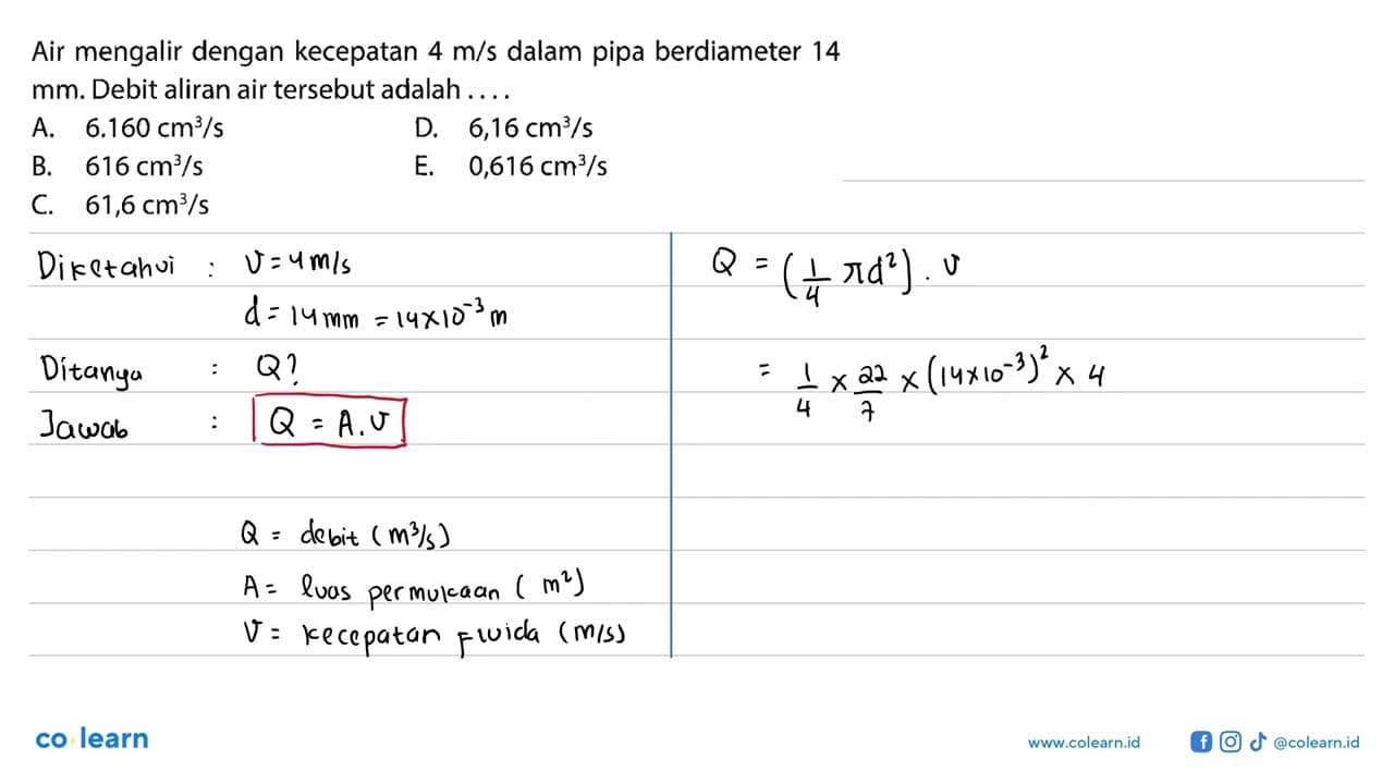 Air mengalir dengan kecepatan 4 m/s dalam pipa berdiameter