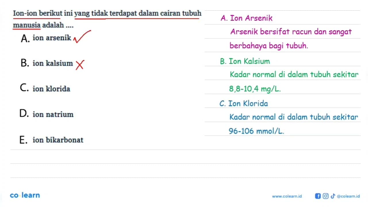 Ion-ion berikut ini yang tidak terdapat dalam cairan tubuh