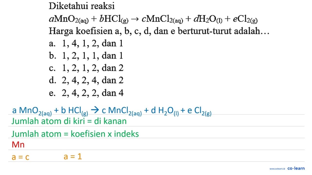 Diketahui reaksi a MnO_(2(aq))+b HCl_((g)) -> c