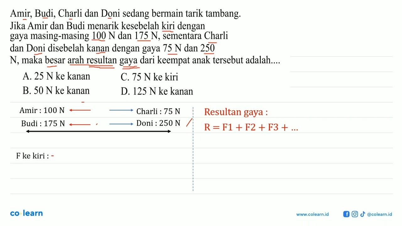 Amir, Budi, Charli dan Doni sedang bermain tarik tambang.