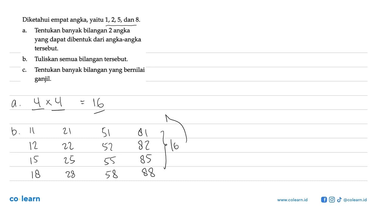 Diketahui empat angka, yaitu 1, 2, 5, dan 8.a. Tentukan