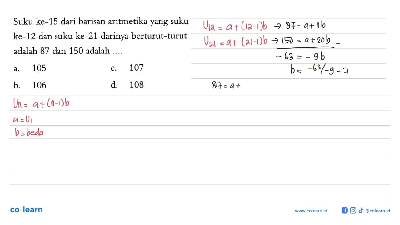 Suku ke-15 dari barisan aritmetika yang suku ke-12 dan suku