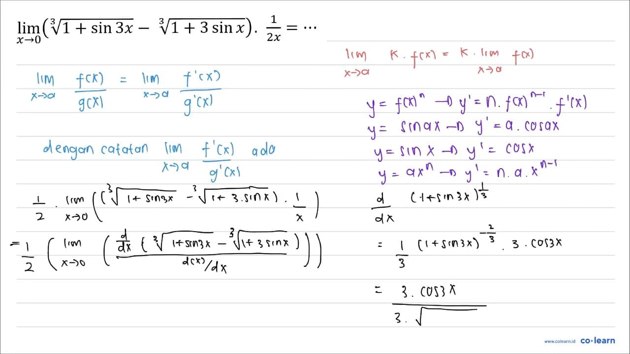 lim _(x -> 0)(akar pangkat 3 dari (1+sin 3 x)-akar pangkat