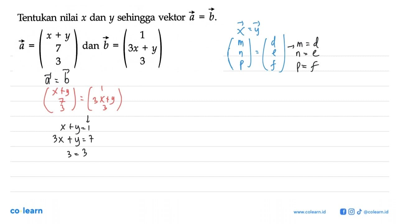 Tentukan nilai x dan y sehingga vektor a=b. vektor a=(x+y 7