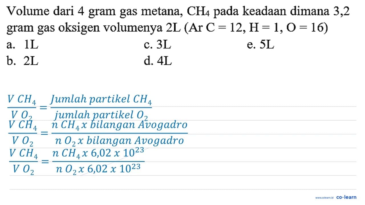 Volume dari 4 gram gas metana, CH_(4) pada keadaan dimana