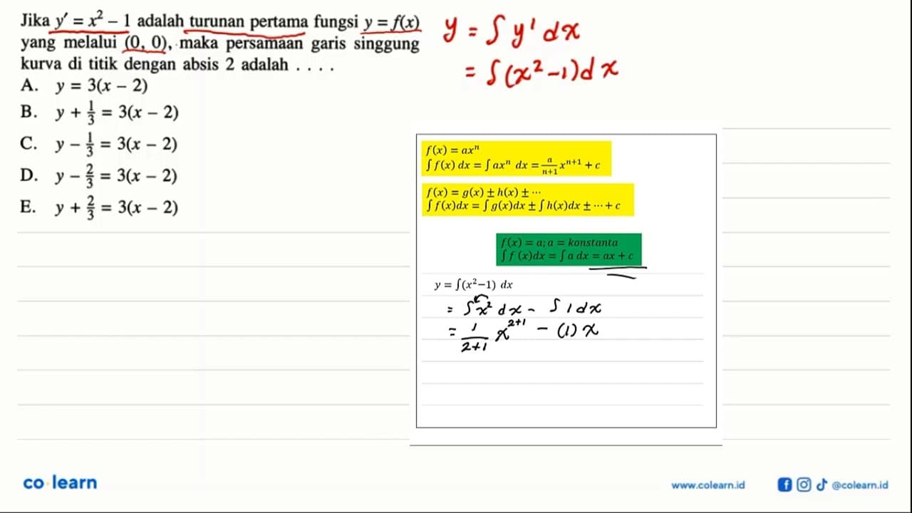 Jika y'=x^2-1 adalah turunan pertama fungsi y=f(x) yang