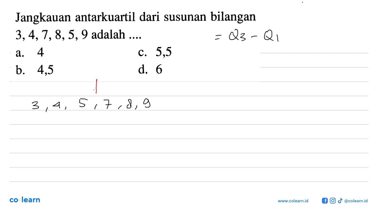 Jangkauan antarkuartil dari susunan bilangan 3,4,7,8,5,9