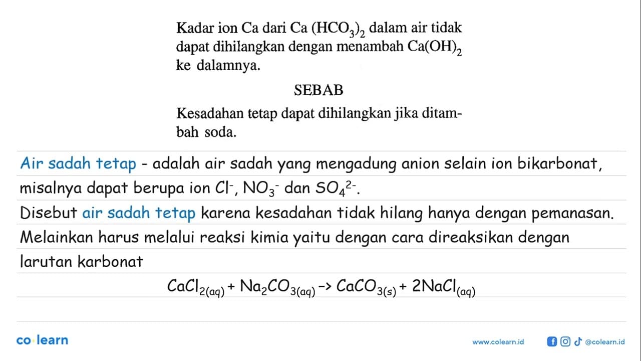 Kadar ion Ca dari Ca(HCO3)2 dalam air tidak dapat