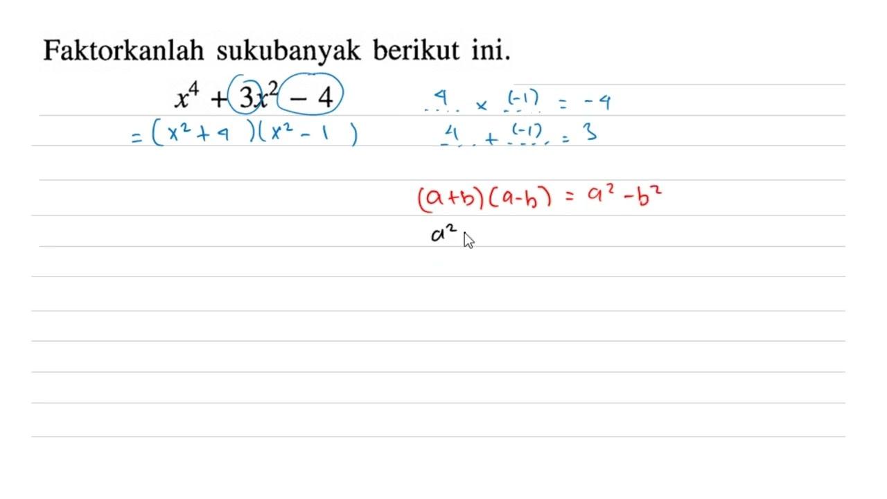 Faktorkanlah sukubanyak berikut ini. x^4+3x^2-4