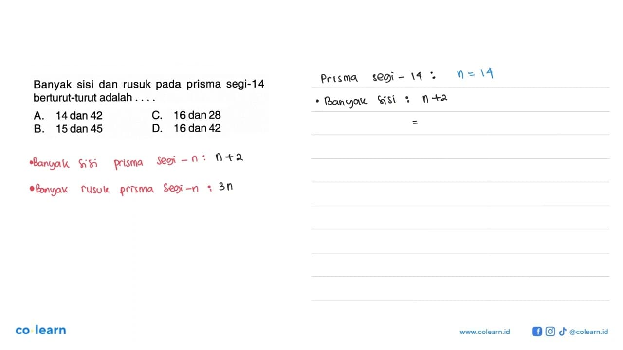 Banyak sisi dan rusuk pada prisma segi-14 berturut-turut