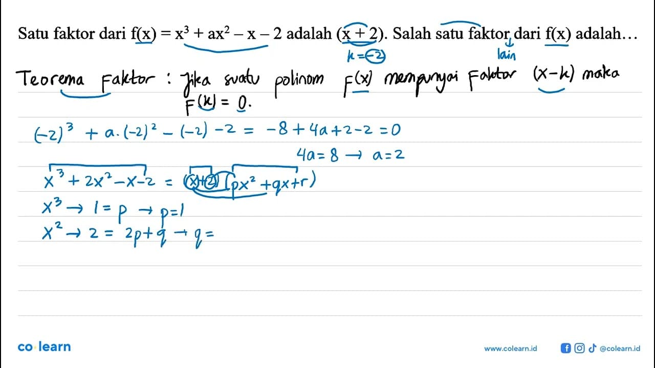 Satu faktor dari f(x) = x^3 + ax^2 - x - 2 adalah (x + 2).