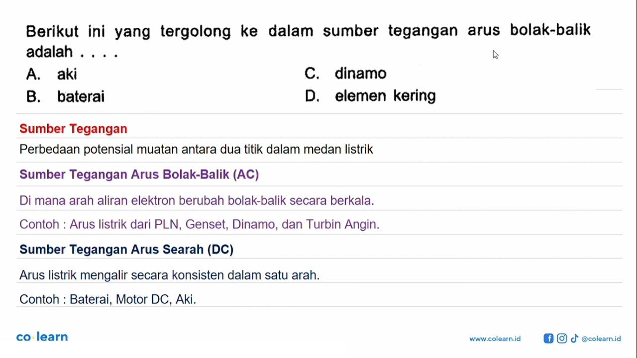 Berikut ini yang tergolong ke dalam sumber tegangan arus