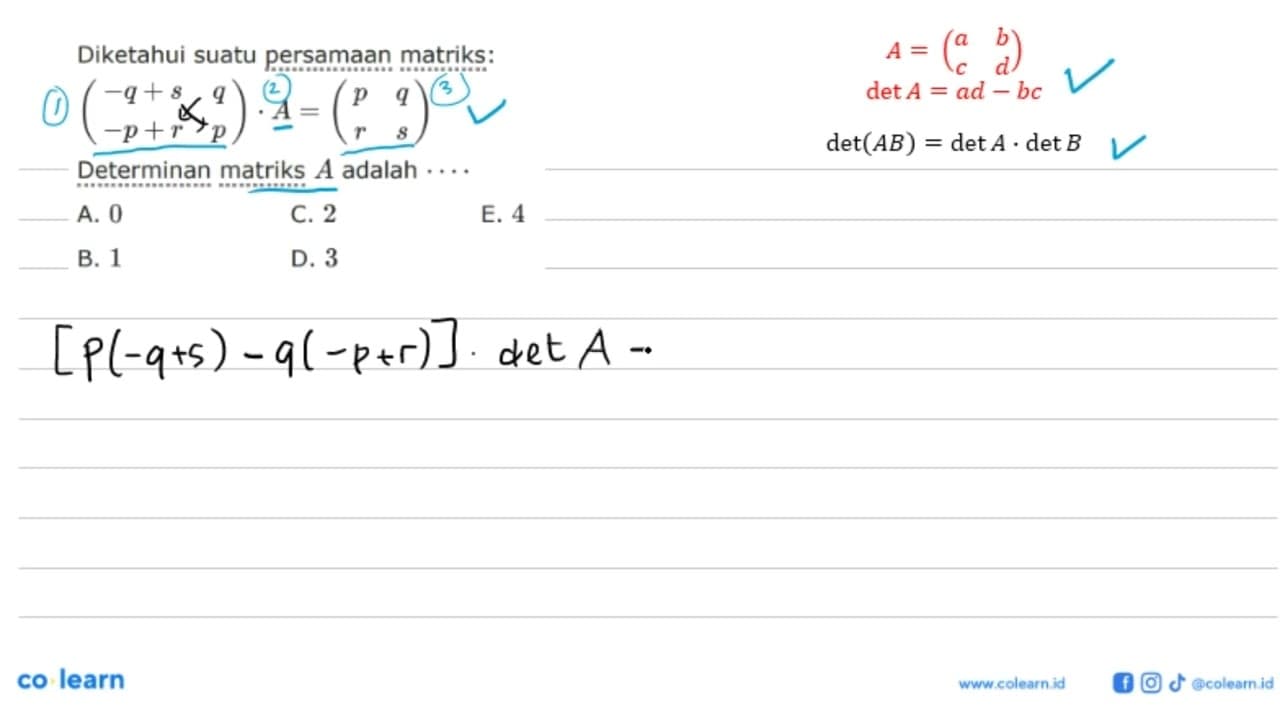 Diketahui suatu persamaan matriks: (-q+s q -p+r p). A=(p q