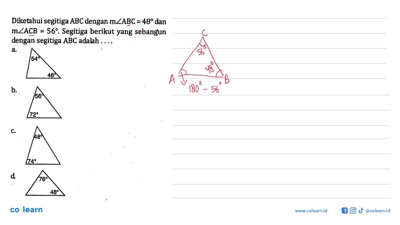 Diketahui segitiga A B C dengan m sudut A B C=48 dan m