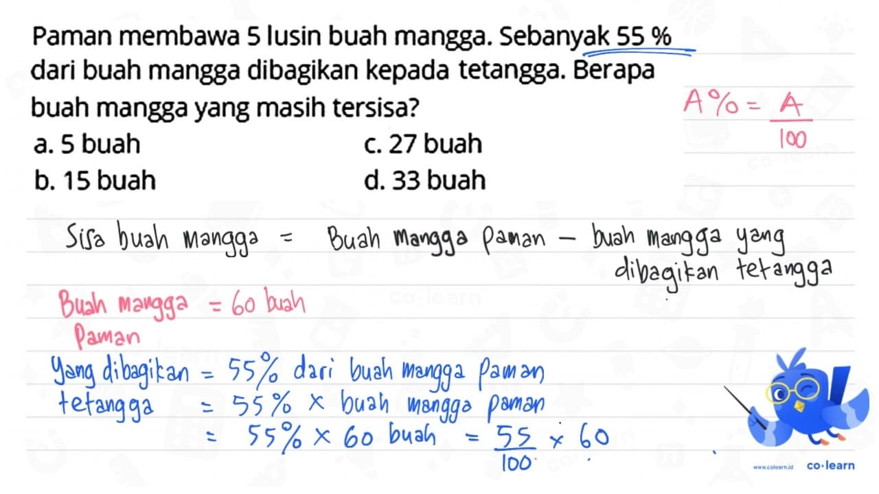 Paman membawa 5 lusin buah mangga. Sebanyak 55 % dari buah